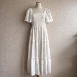 Shein White Swiss Dot Smocked Dress Medium M Puff Sleeve Tiered Midi Ruffle Boh